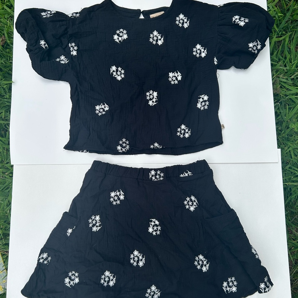 BearPaw Black and White Embroidered Floral Set (top and skirt)